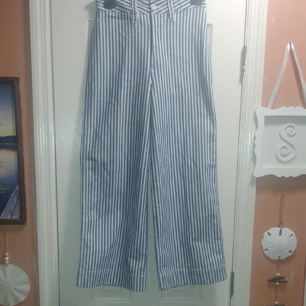 Madewell  Cropped Blue and White Vertical-Stripe Wide-Leg Pants